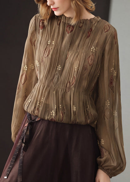 Chic Brown O-Neck Ruffled Jacquard Pleated Chiffon Tops Long sleeve