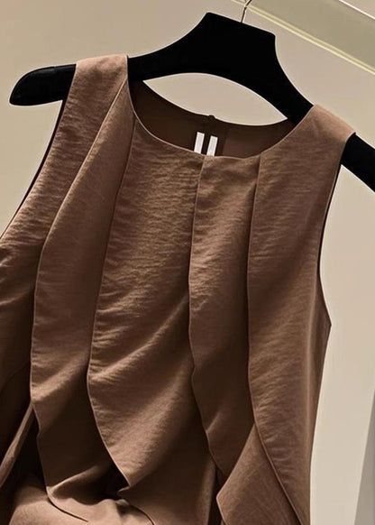 Chic Brown O-Neck Ruffled Patchwork T Shirts Summer
