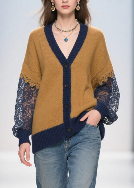 Chic Brown Oversized Hollow Out Patchwork Lace Cardigans Fall