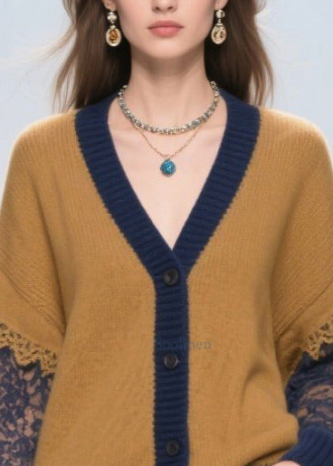 Chic Brown Oversized Hollow Out Patchwork Lace Cardigans Fall