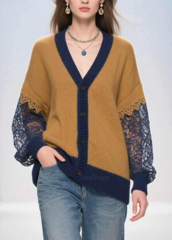 Chic Brown Oversized Hollow Out Patchwork Lace Cardigans Fall