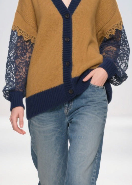 Chic Brown Oversized Hollow Out Patchwork Lace Cardigans Fall