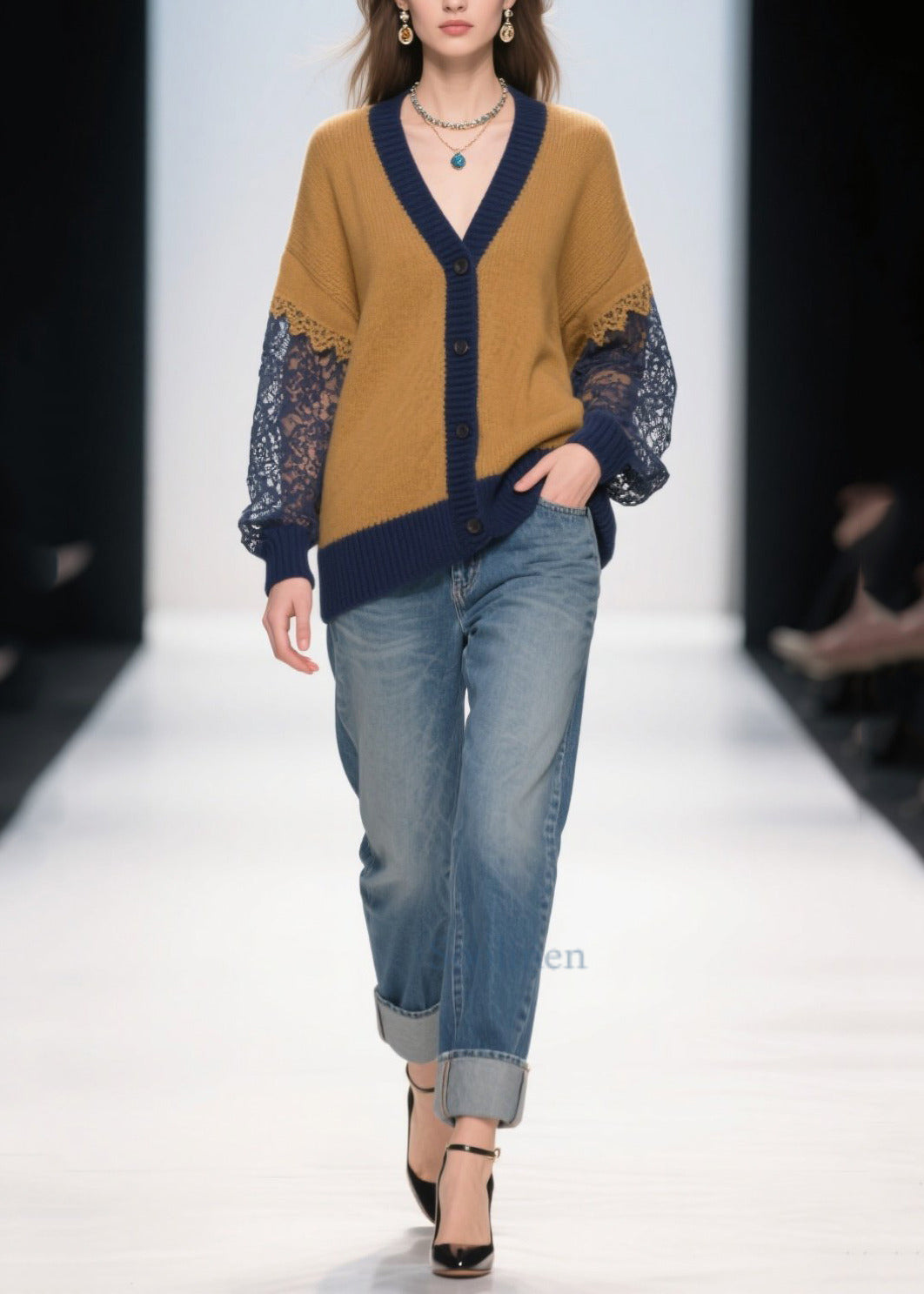 Chic Brown Oversized Hollow Out Patchwork Lace Cardigans Fall