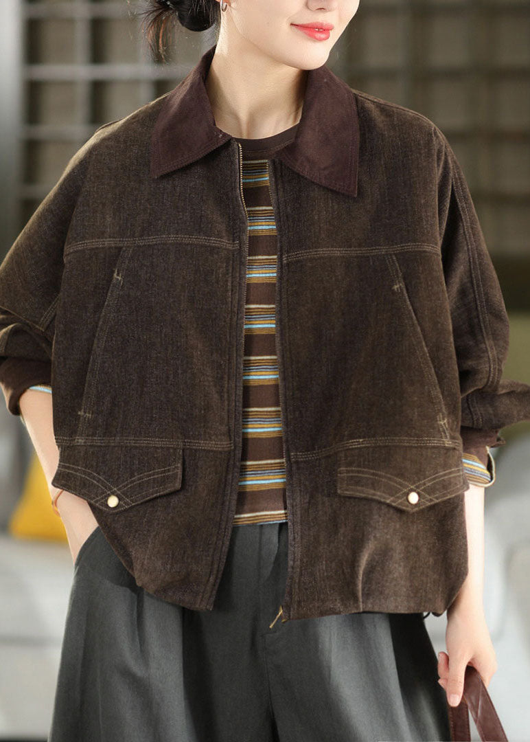 Chic Brown Oversized Patchwork Cotton Coats Fall