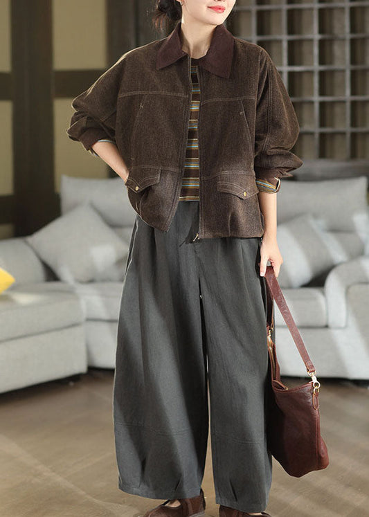 Chic Brown Oversized Patchwork Cotton Coats Fall