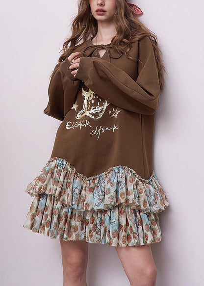 Chic Brown Oversized Patchwork Cotton Sweatshirts Dress Spring