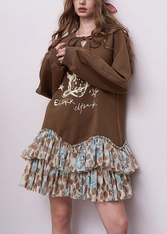 Chic Brown Oversized Patchwork Cotton Sweatshirts Dress Spring