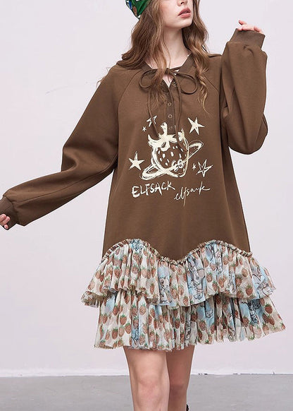 Chic Brown Oversized Patchwork Cotton Sweatshirts Dress Spring