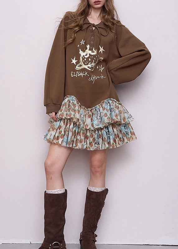 Chic Brown Oversized Patchwork Cotton Sweatshirts Dress Spring