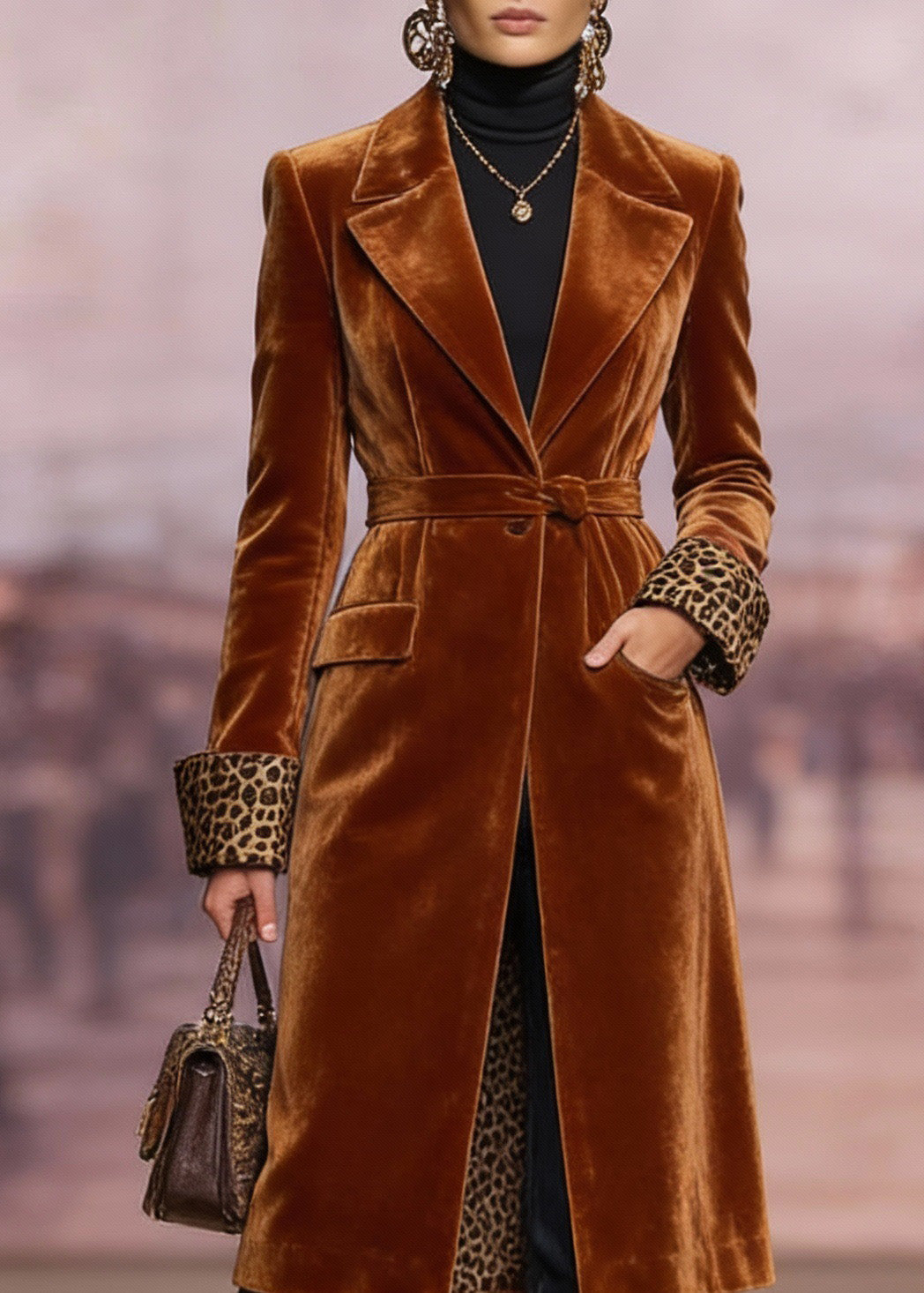 Chic Brown Peter Pan Collar Pockets Velvet Trench Spring