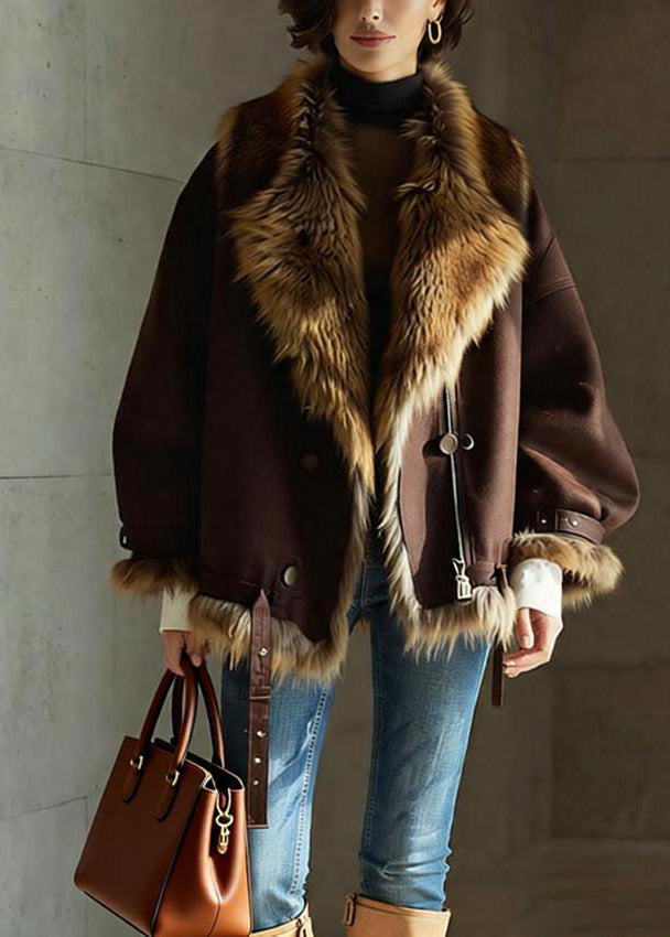 Chic Brown Pockets Button Faux Fur Jackets Winter