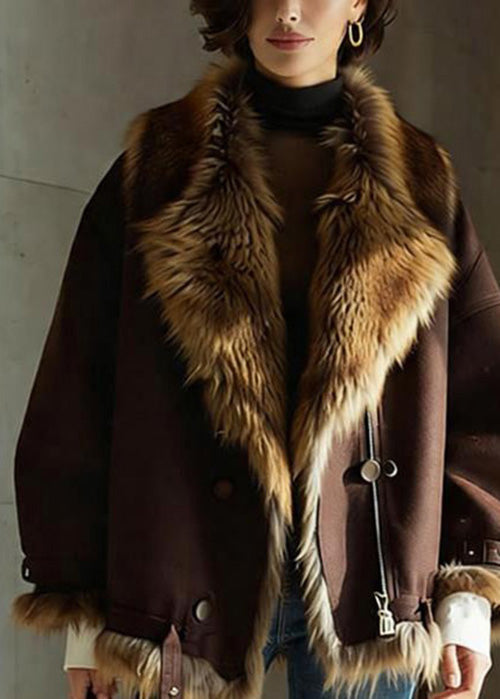Chic Brown Pockets Button Faux Fur Jackets Winter