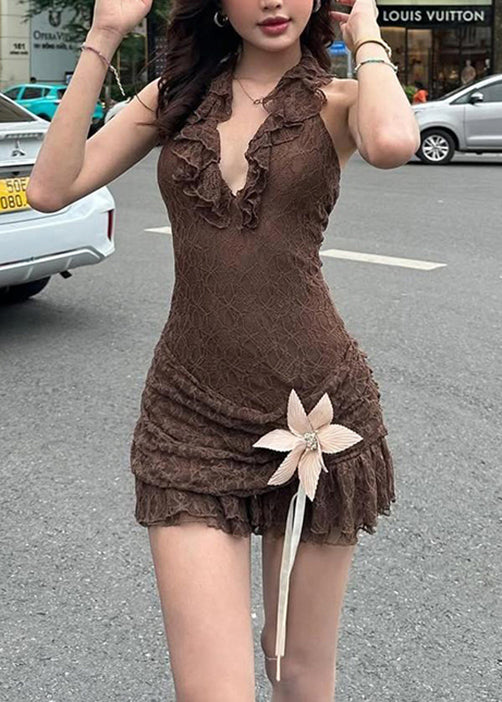 Chic Brown Ruffled Patchwork Lace Halter Dress Sleeveless