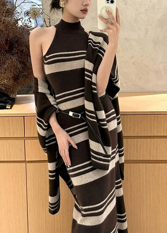 Chic Brown Striped Cardigans And Sweater Dress Knit Two Pieces Set Spring