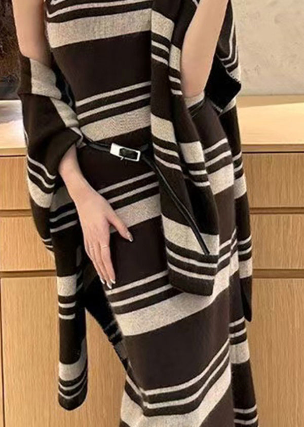 Chic Brown Striped Cardigans And Sweater Dress Knit Two Pieces Set Spring