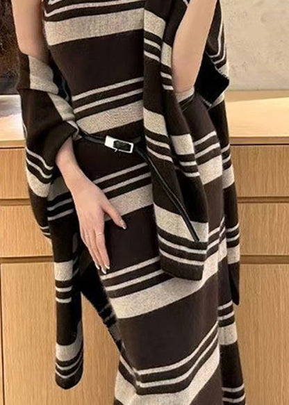 Chic Brown Striped Cardigans And Sweater Dress Knit Two Pieces Set Spring