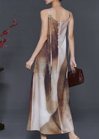 Chic Brown Tie Dye Draping Silk Spaghetti Strap Dress Summer