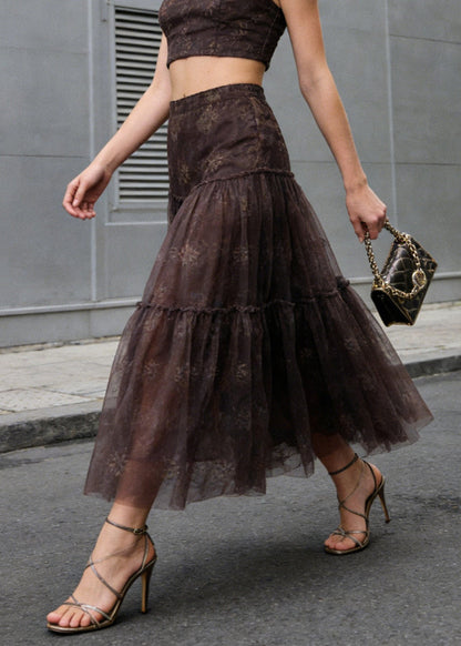 Chic Brown Wrinkled Patchwork Tulle Skirts Summer
