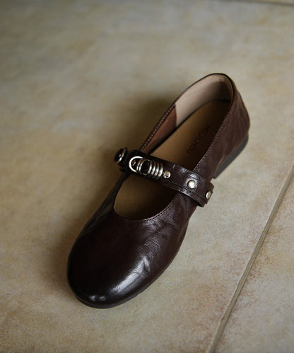 Chic Buckle Strap Flat Shoes For Women Chocolate Sheepskin