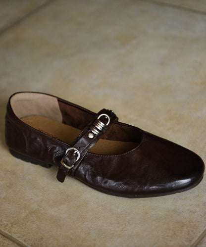 Chic Buckle Strap Flat Shoes For Women Chocolate Sheepskin