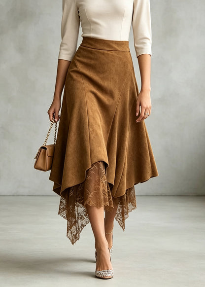 Chic Caramel Asymmetrical Lace Patchwork Faux Suede Skirt Fall