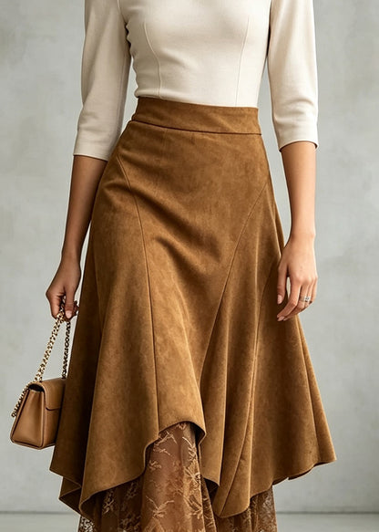 Chic Caramel Asymmetrical Lace Patchwork Faux Suede Skirt Fall