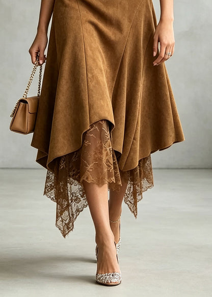 Chic Caramel Asymmetrical Lace Patchwork Faux Suede Skirt Fall