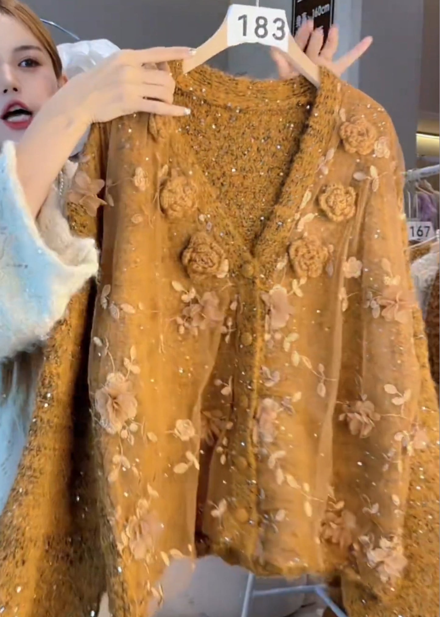 Chic Caramel Oversized Floral Decorated Knit Cardigan Winter