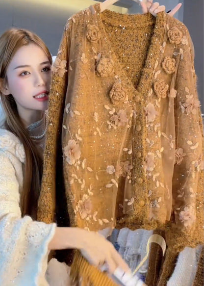 Chic Caramel Oversized Floral Decorated Knit Cardigan Winter