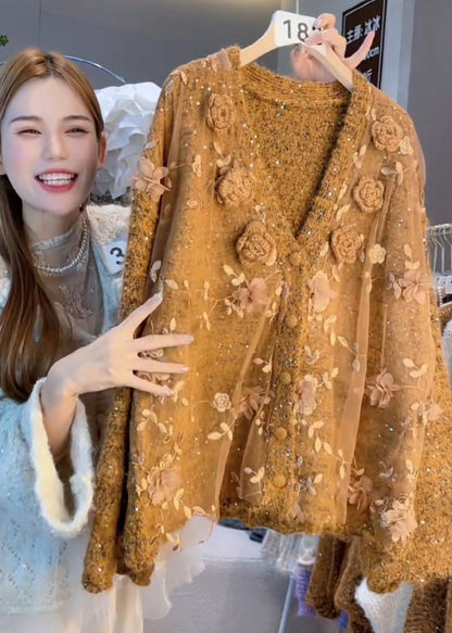Chic Caramel Oversized Floral Decorated Knit Cardigan Winter