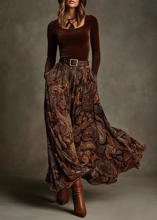 Chic Caramel Print Pockets Velvet Two Pieces Set Spring