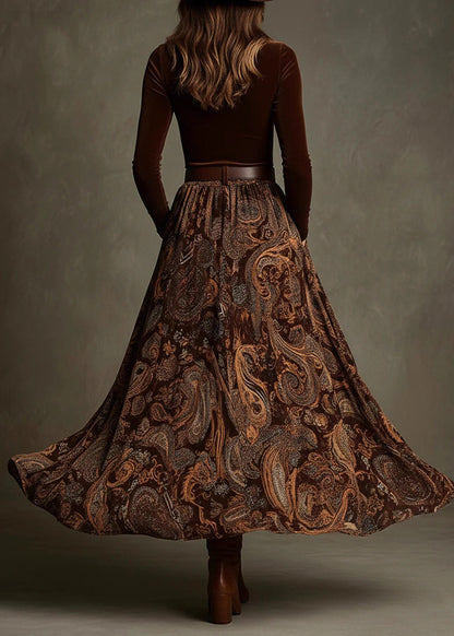 Chic Caramel Print Pockets Velvet Two Pieces Set Spring