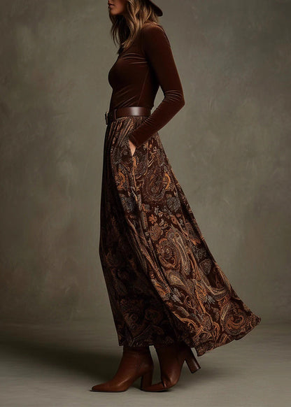 Chic Caramel Print Pockets Velvet Two Pieces Set Spring