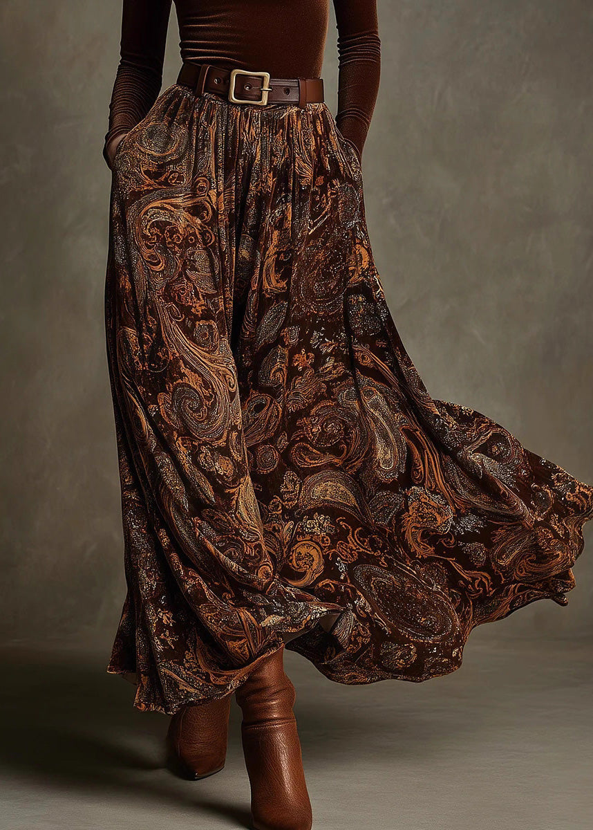 Chic Caramel Print Pockets Velvet Two Pieces Set Spring