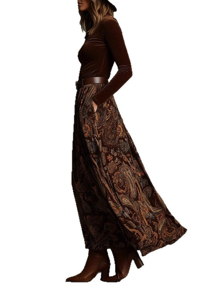 Chic Caramel Print Pockets Velvet Two Pieces Set Spring