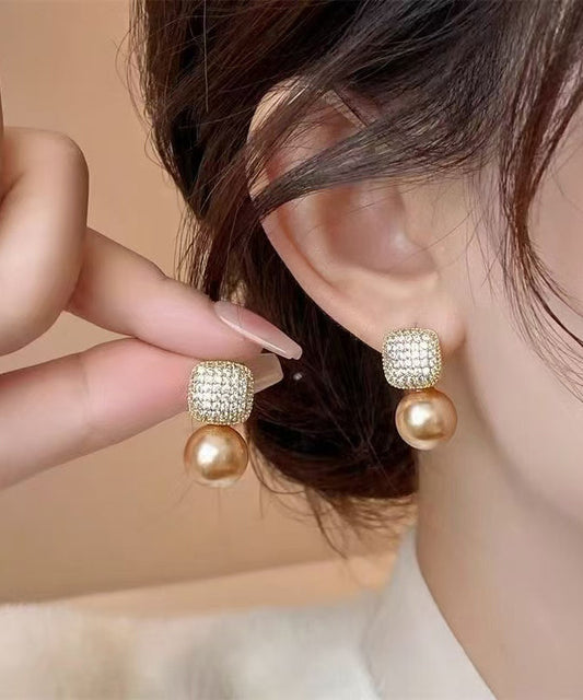 Chic Champagne Copper Overgild Zircon Pearl Stud Earrings