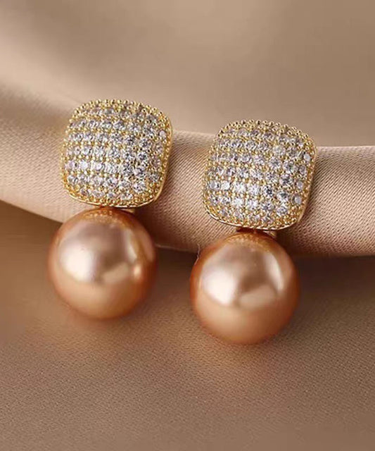 Chic Champagne Copper Overgild Zircon Pearl Stud Earrings