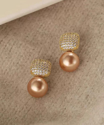 Chic Champagne Copper Overgild Zircon Pearl Stud Earrings