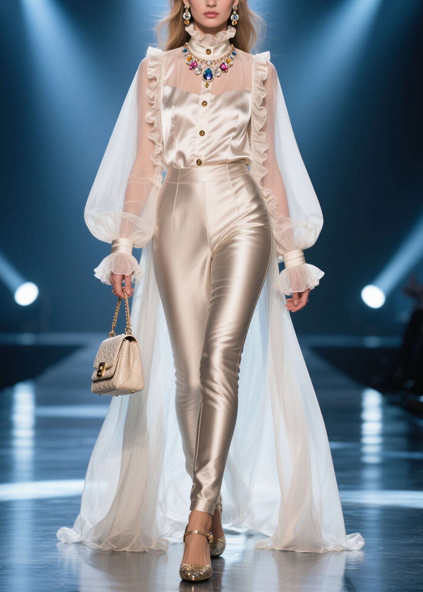Chic Champagne Ruffled Patchwork Exra Large Hem Chiffon Shirts Summer