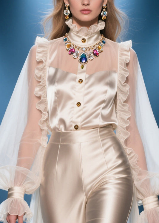 Chic Champagne Ruffled Patchwork Exra Large Hem Chiffon Shirts Summer