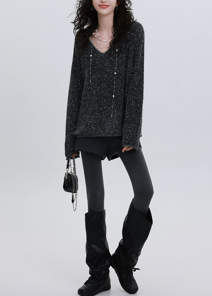Chic Charcoal Grey Sequins Oversized Knit Sweater Tops Winter
