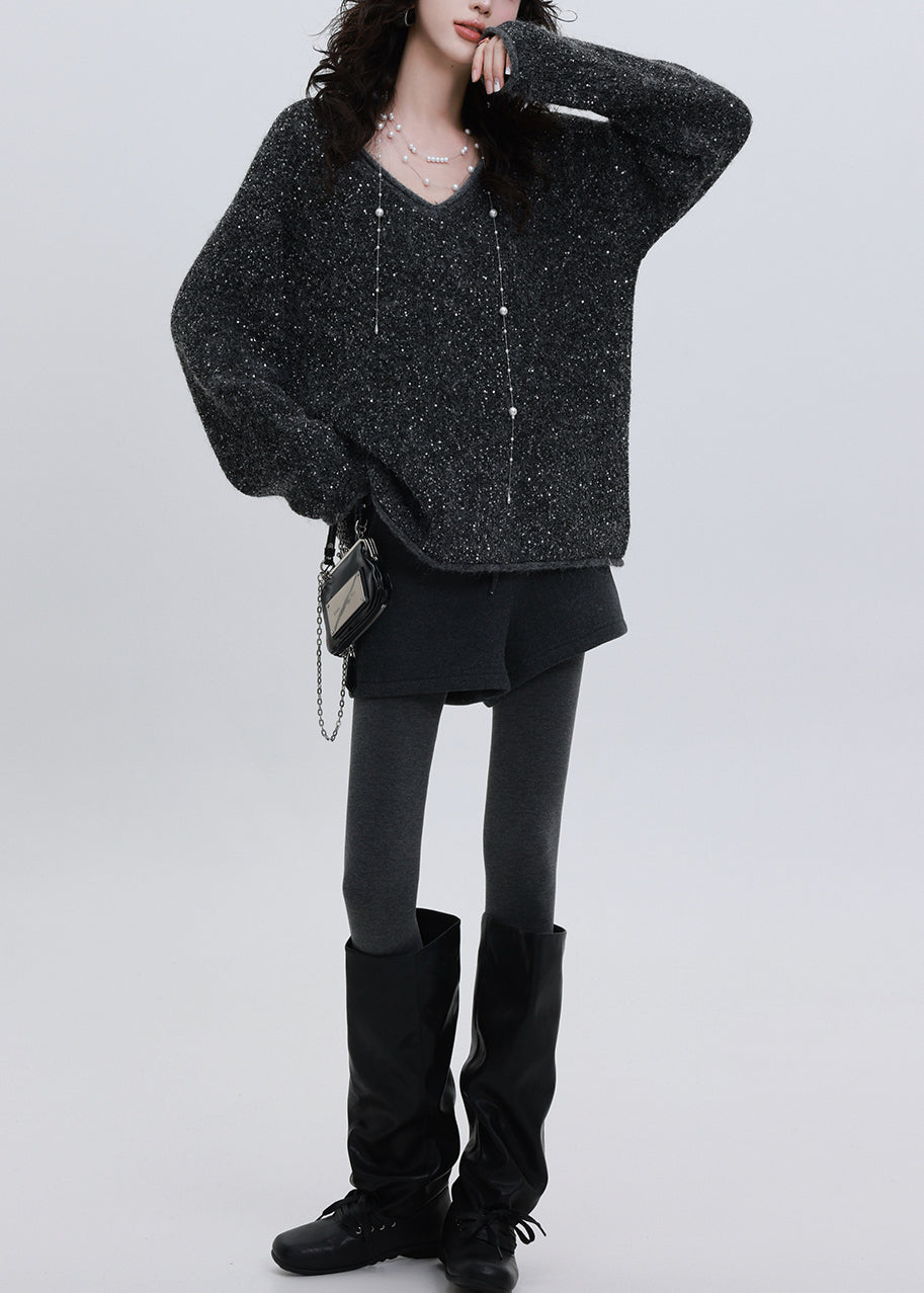 Chic Charcoal Grey Sequins Oversized Knit Sweater Tops Winter