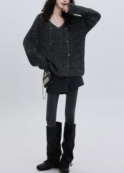 Chic Charcoal Grey Sequins Oversized Knit Sweater Tops Winter