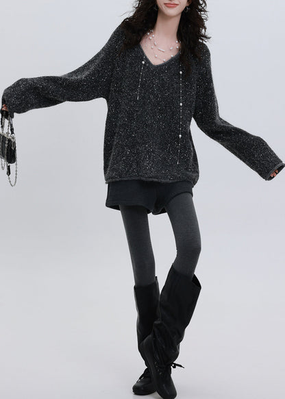 Chic Charcoal Grey Sequins Oversized Knit Sweater Tops Winter