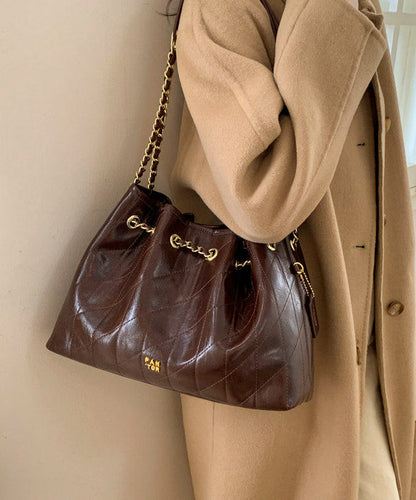 Chic Chocolate Plaid Large Capacity Faux Leather Flap Bag
