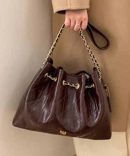 Chic Chocolate Plaid Large Capacity Faux Leather Flap Bag