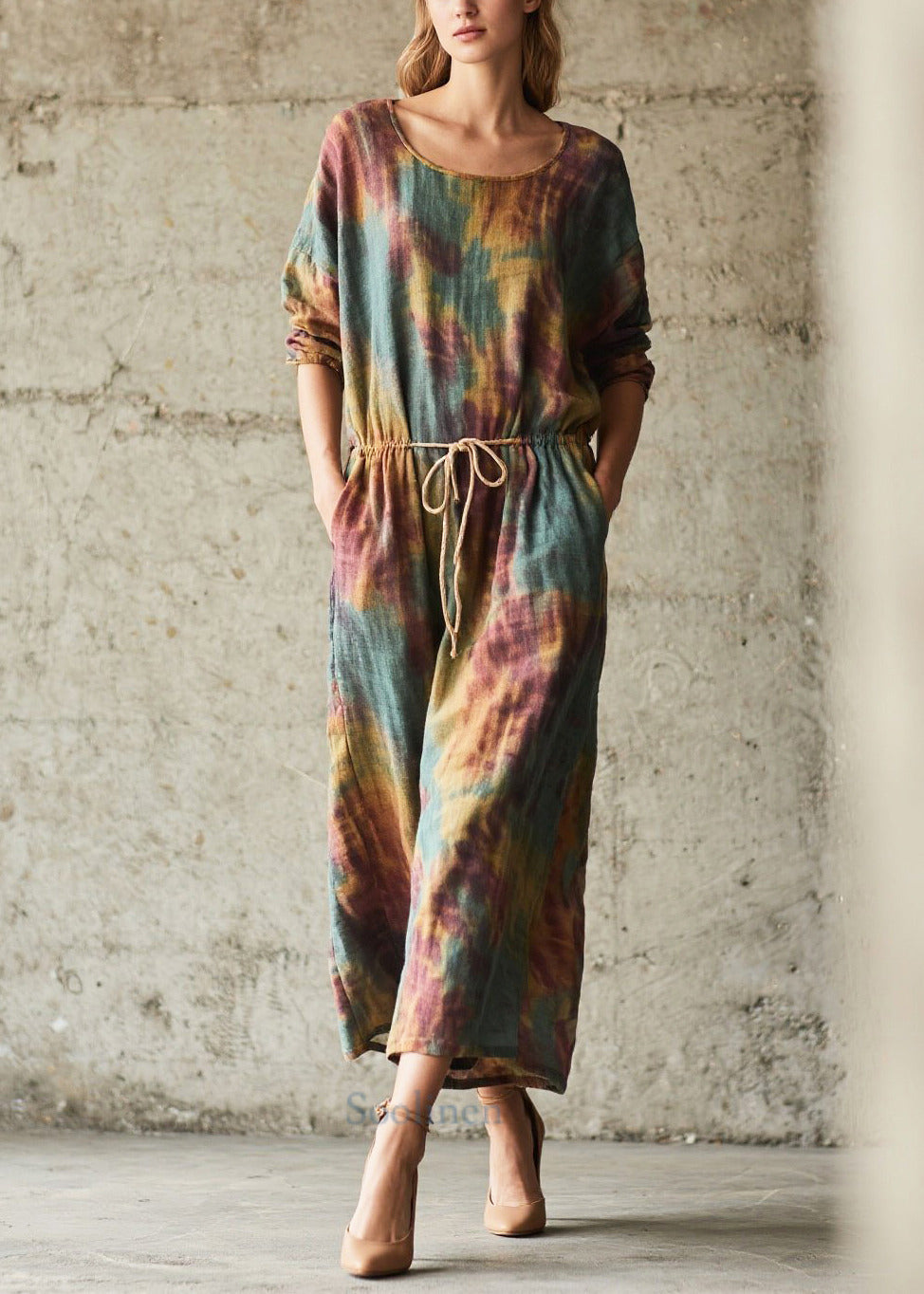 Chic Cinched Tie Dye Cotton Holiday Dress Fall