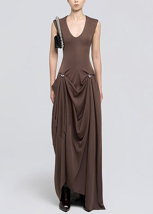 Chic Coffee Asymmetrical Design Wrinkled Cotton Dresses Summer