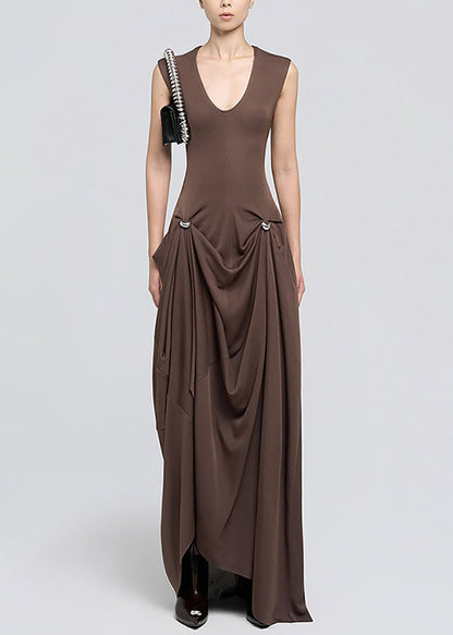 Chic Coffee Asymmetrical Design Wrinkled Cotton Dresses Summer