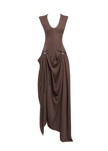 Chic Coffee Asymmetrical Design Wrinkled Cotton Dresses Summer